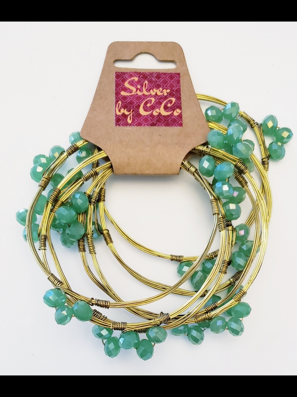Gold Wire Bracelet Set with Green Beads